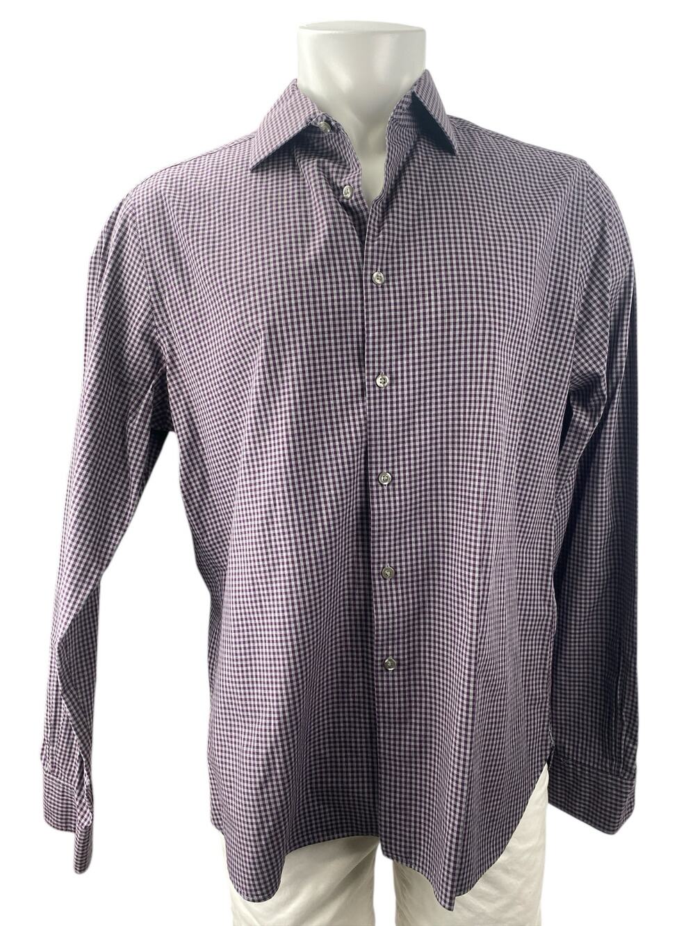 Bloomingdale's Mens Purple Checkered Long Sleeve Stretch Button Down Shirt Top L